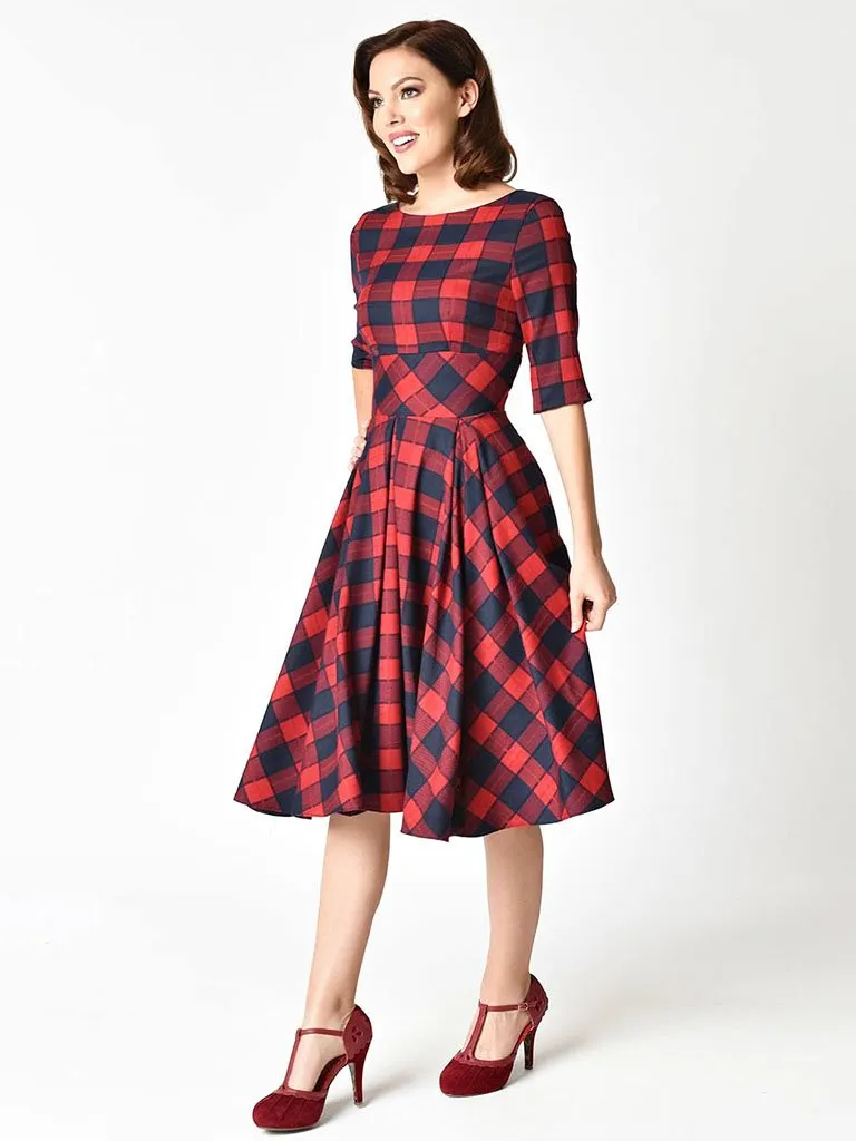 Elegent Low Back Crewneck Sleeveless Plaid Vintage Dress
