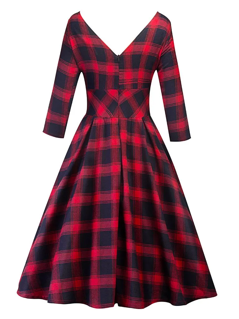 Elegent Low Back Crewneck Sleeveless Plaid Vintage Dress