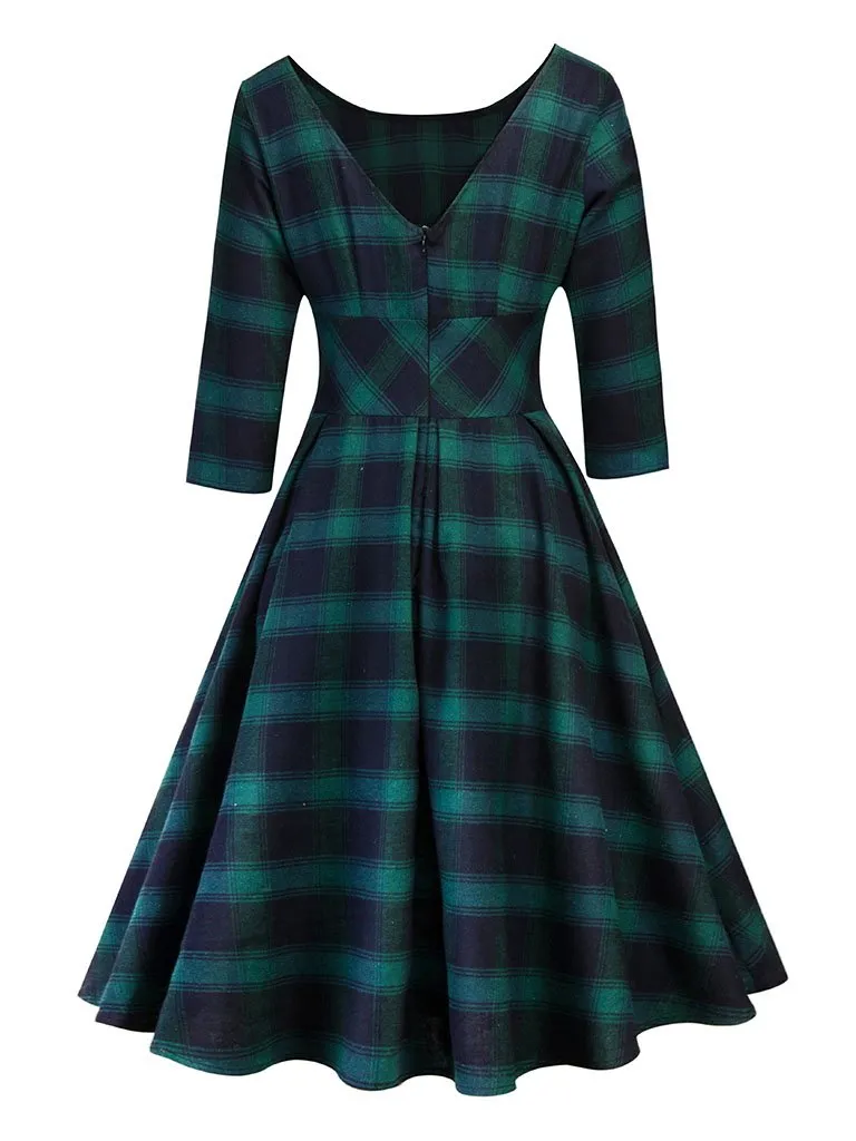 Elegent Low Back Crewneck Sleeveless Plaid Vintage Dress