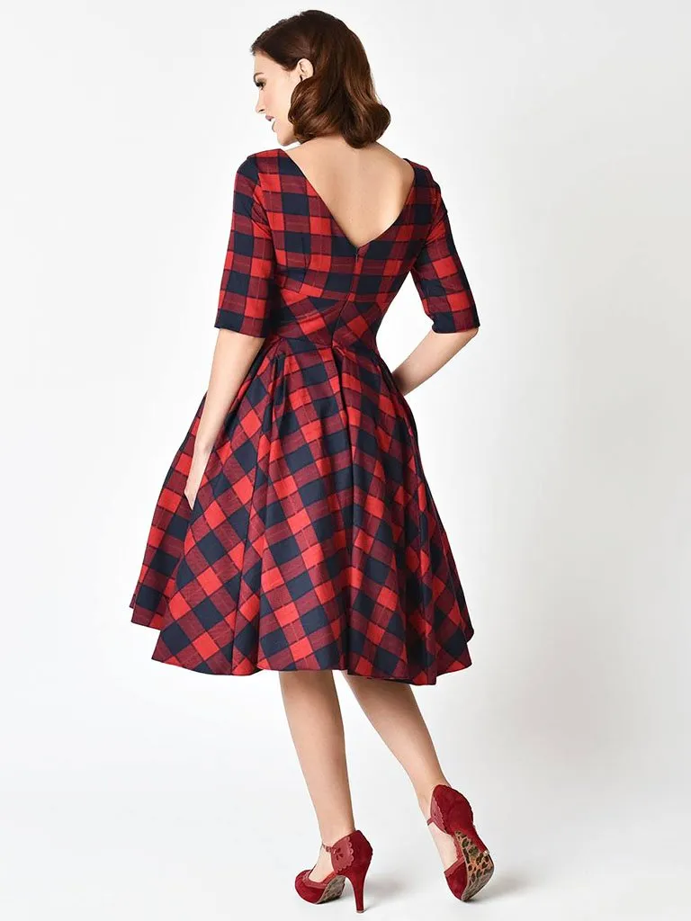 Elegent Low Back Crewneck Sleeveless Plaid Vintage Dress
