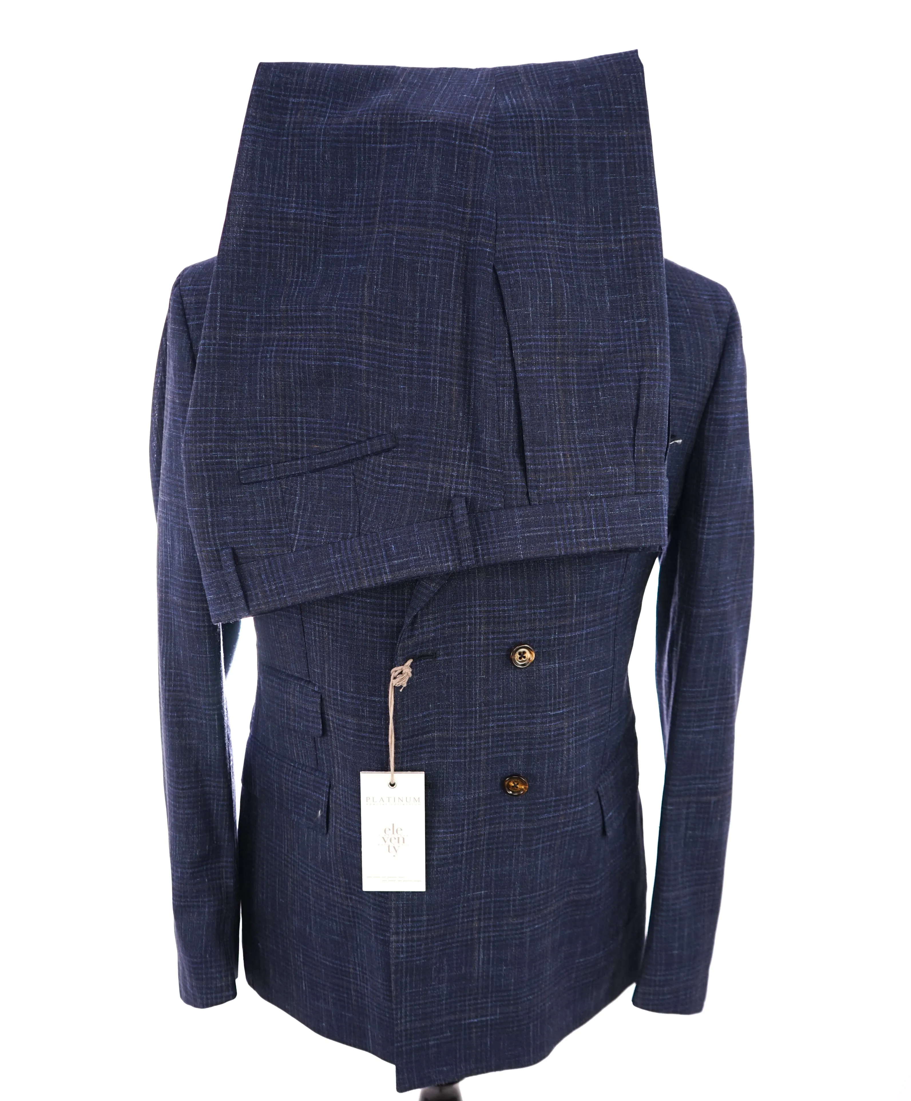 ELEVENTY -  "PLATINUM" Hand Made Double Breasted Blue SILK/LINEN Suit - 44R