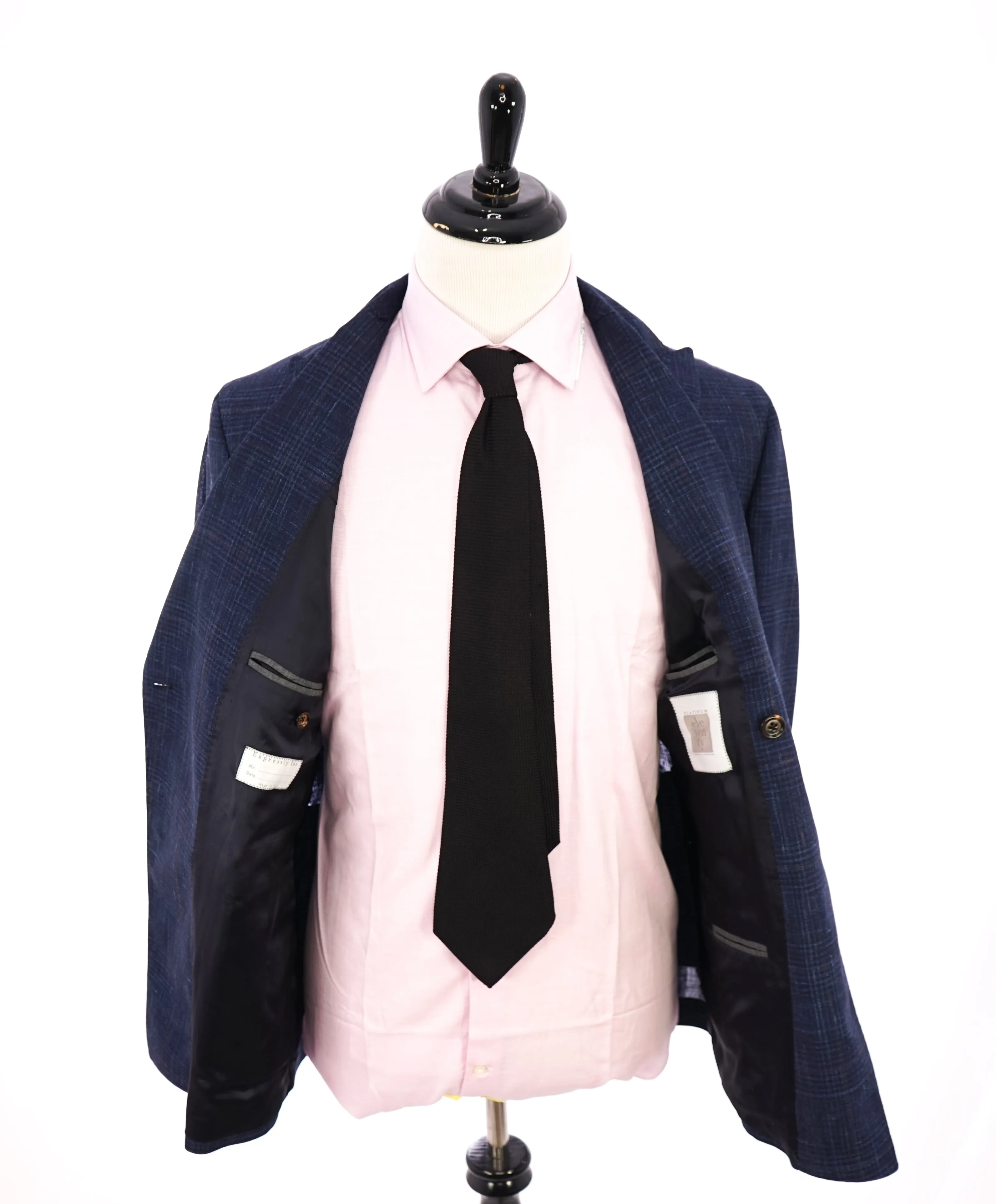 ELEVENTY -  "PLATINUM" Hand Made Double Breasted Blue SILK/LINEN Suit - 44R