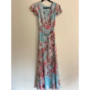 Eliza J Blue Floral Surplice Faux Wrap Ruffle A Line Flutter Sleeve Dress 4