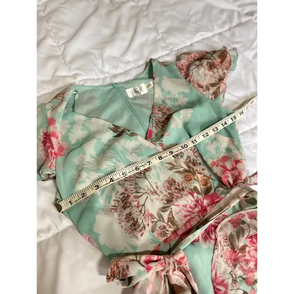 Eliza J Blue Floral Surplice Faux Wrap Ruffle A Line Flutter Sleeve Dress 4