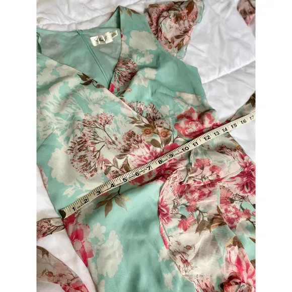 Eliza J Blue Floral Surplice Faux Wrap Ruffle A Line Flutter Sleeve Dress 4