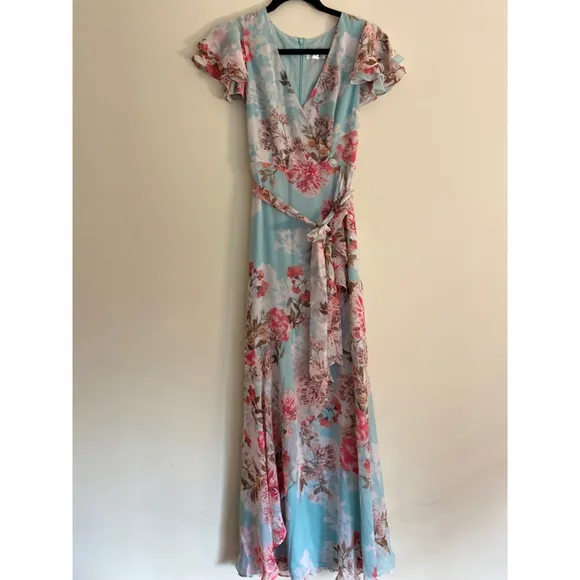 Eliza J Blue Floral Surplice Faux Wrap Ruffle A Line Flutter Sleeve Dress 4