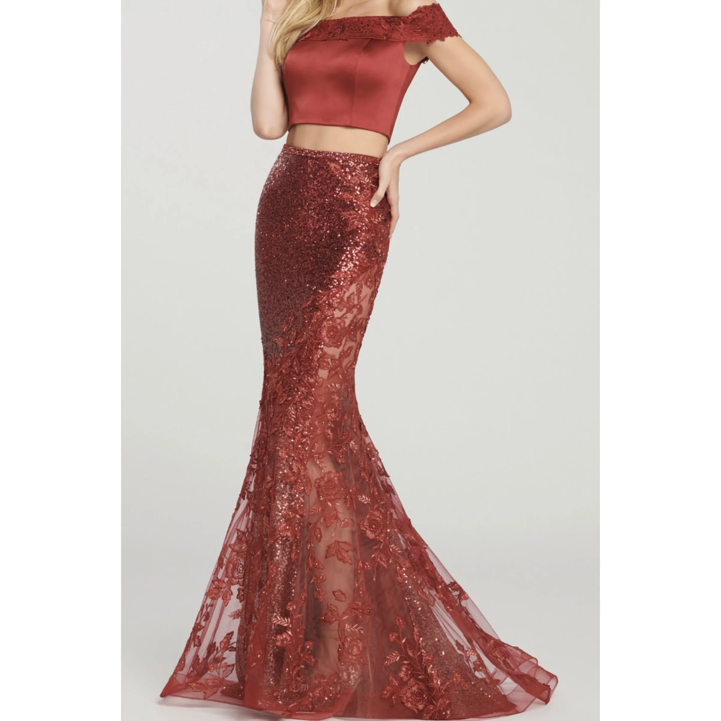 ELLIE WILDE EW119026 Wine Two-Piece Sequin Dress Size 14 NWT