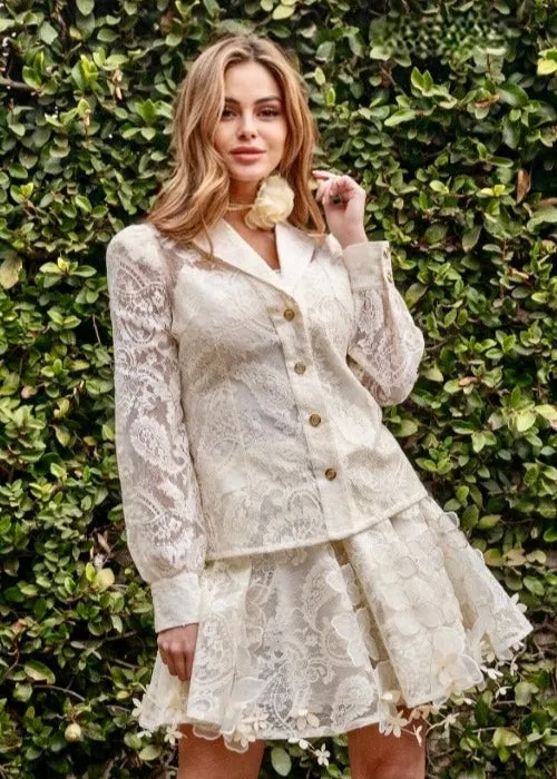Eloise – Elegant Two-Piece Lace Blazer & Skirt Set | Sophisticated Cream Outfit for Special Occasions