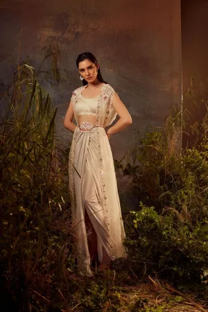 Embroidered Ivory cape with drape skirt set