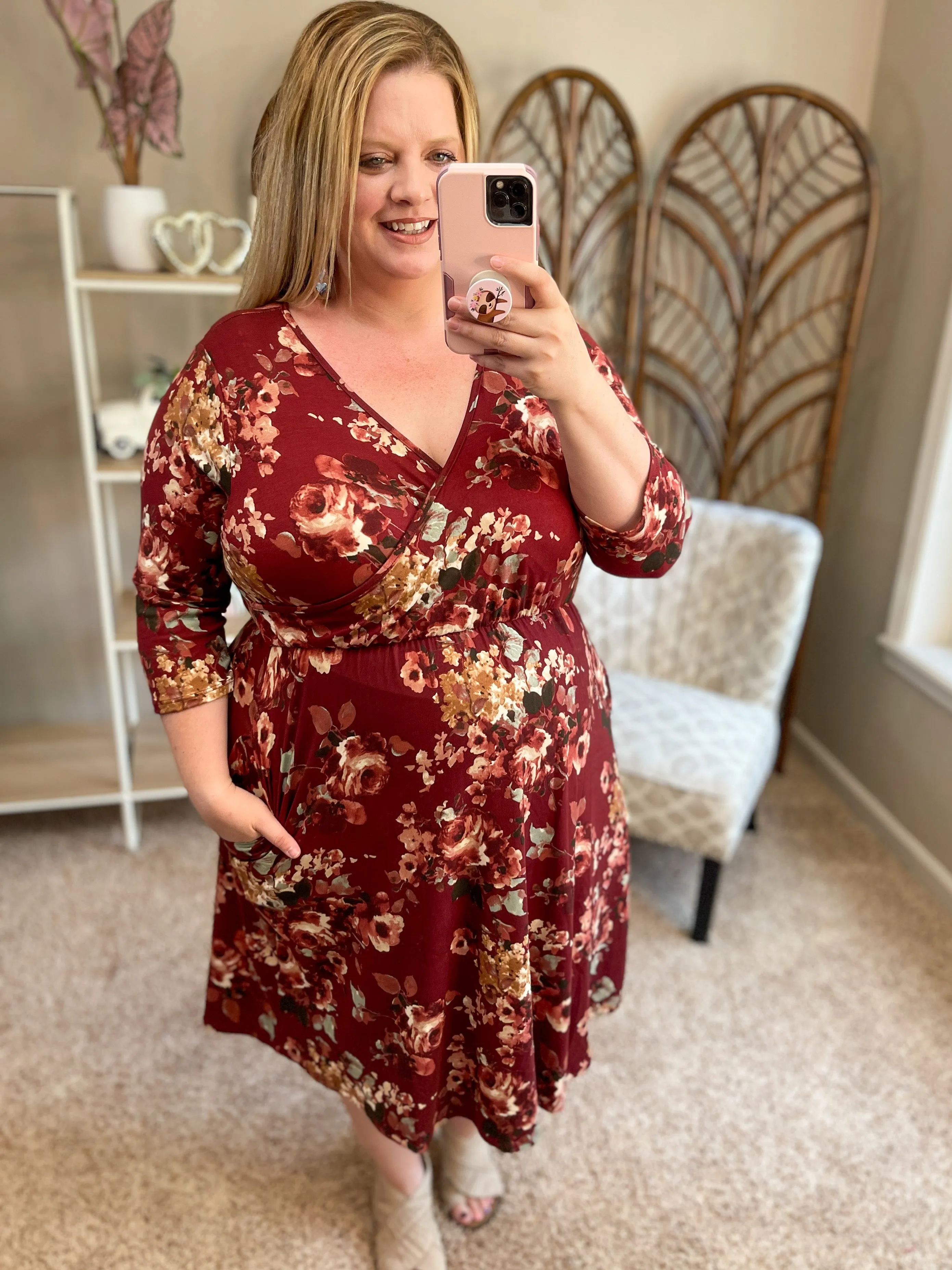 Endless Opportunities Faux Wrap Dress - Burgundy Floral
