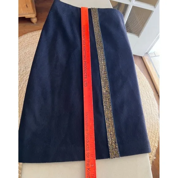 ERICA TANOV Dark Navy Wool A-Line Skirt w/ Copper Beading - 0