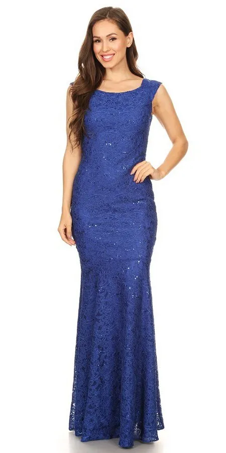Eureka 2072 Sleeveless Lace Sequins Fit and Flare Gown