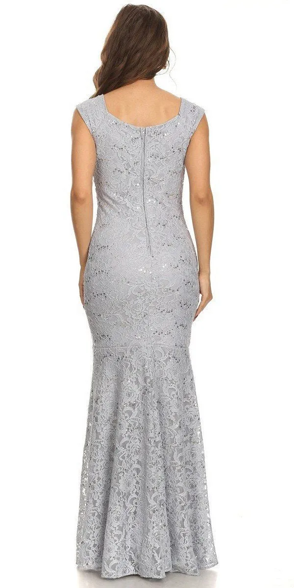 Eureka 2072 Sleeveless Lace Sequins Fit and Flare Gown