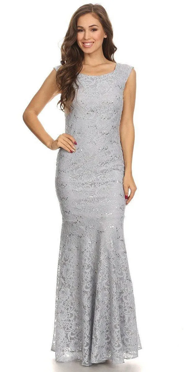 Eureka 2072 Sleeveless Lace Sequins Fit and Flare Gown