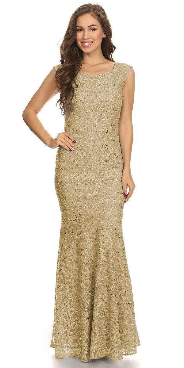 Eureka 2072 Sleeveless Lace Sequins Fit and Flare Gown