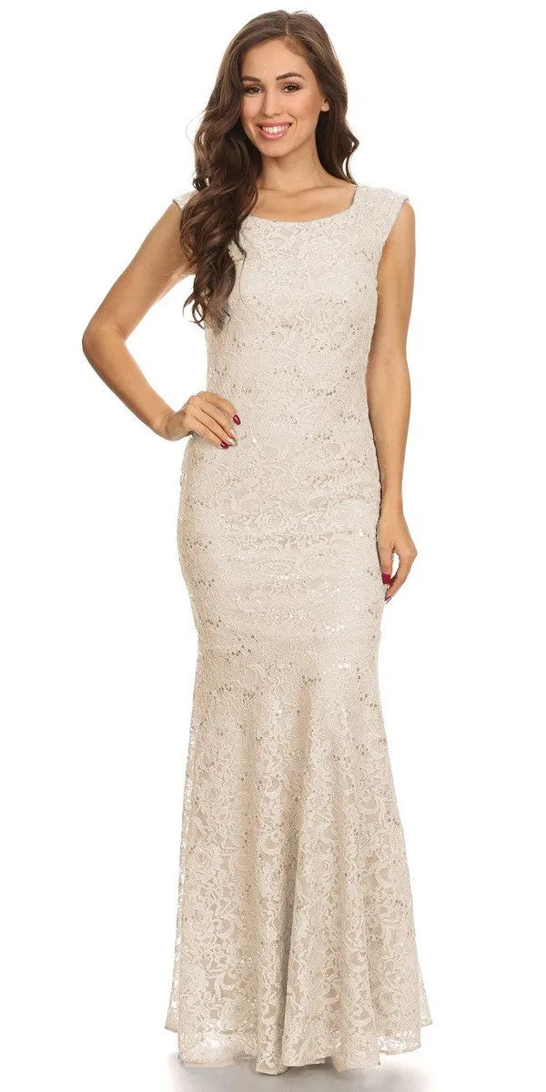 Eureka 2072 Sleeveless Lace Sequins Fit and Flare Gown