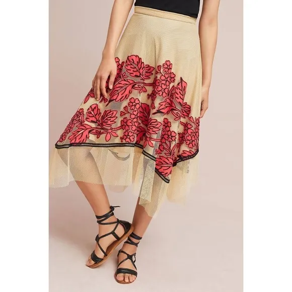 Eva Franco Anthropologie Netted Floral A line Midi Skirt with Floral Embroidery