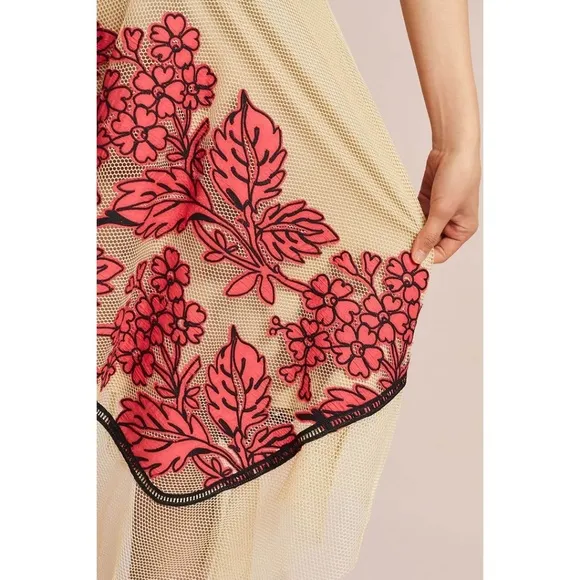 Eva Franco Anthropologie Netted Floral A line Midi Skirt with Floral Embroidery
