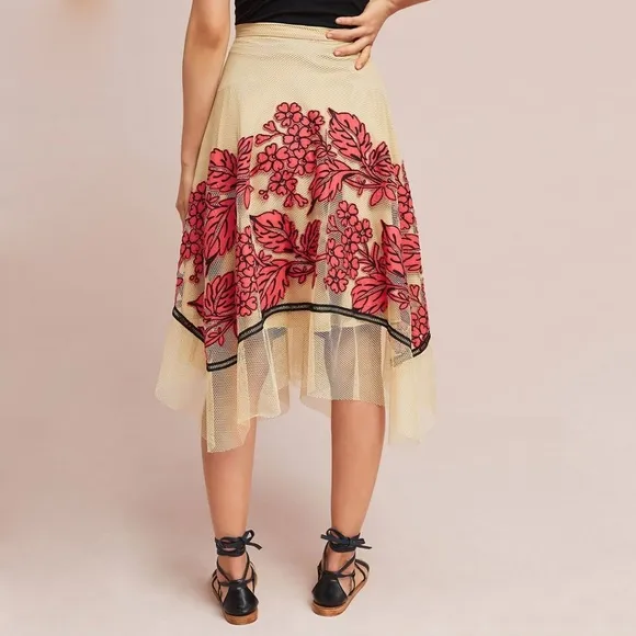 Eva Franco Anthropologie Netted Floral A line Midi Skirt with Floral Embroidery