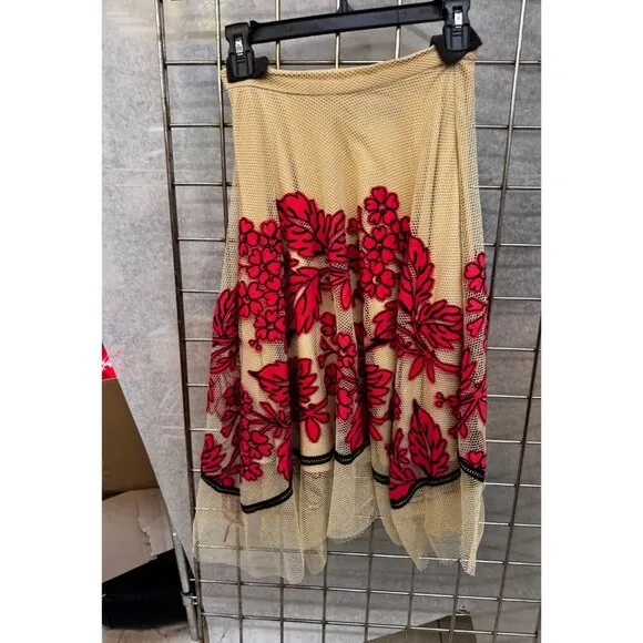 Eva Franco Anthropologie Netted Floral A line Midi Skirt with Floral Embroidery