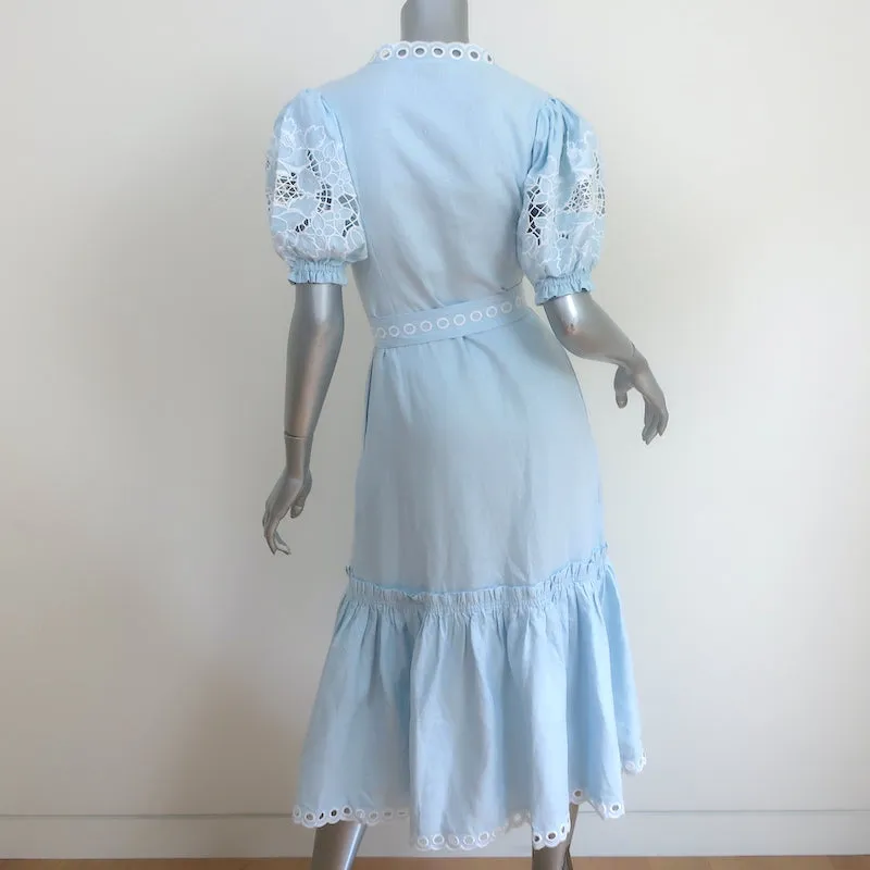 Fanm Mon Cide Midi Wrap Dress Light Blue Embroidered Linen Size Extra Small