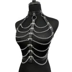 Faux Leather and Chain Body Harness with Adjustable Fit