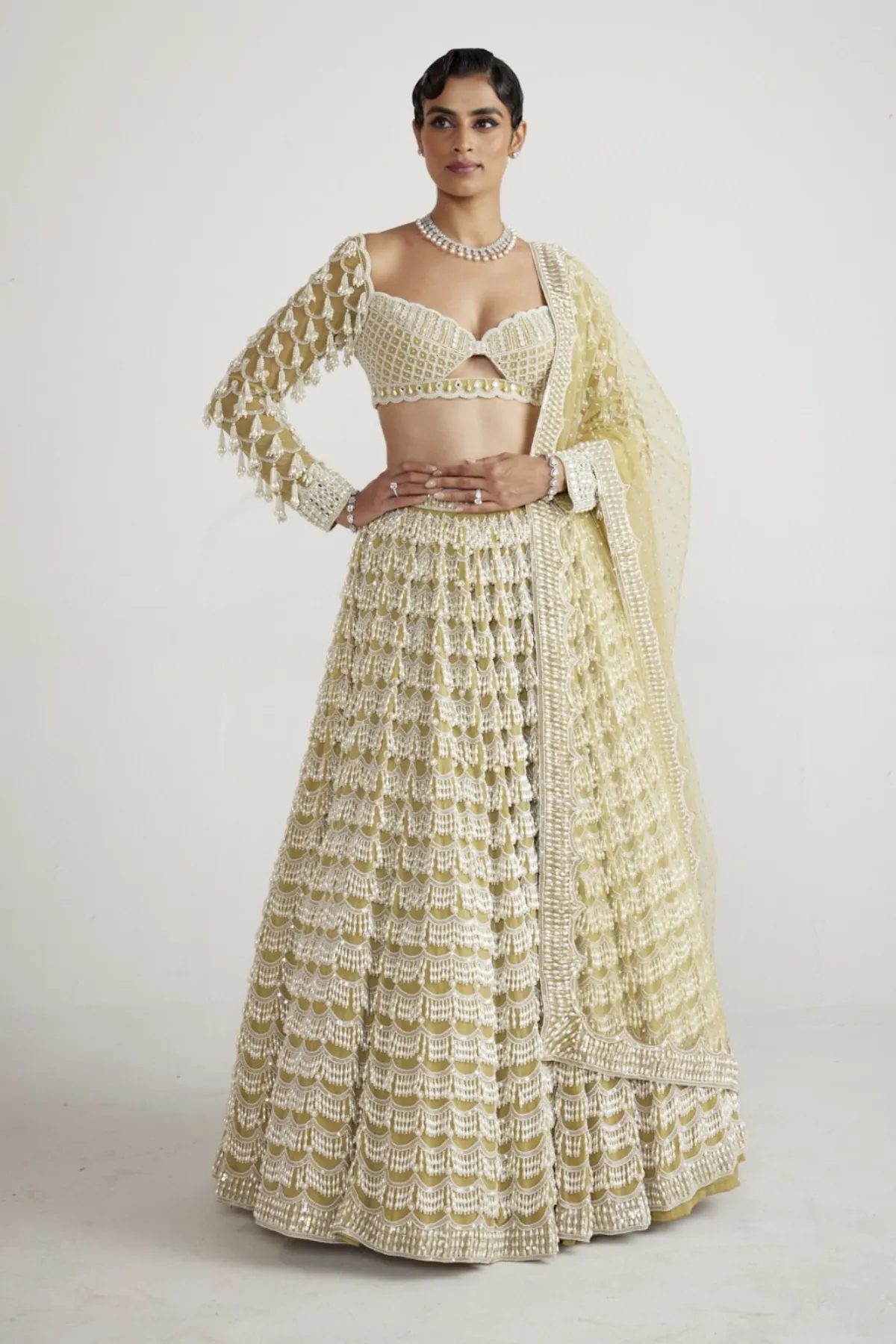 Fern Green Chandelier Pearl Drop Heavy Lehenga Set