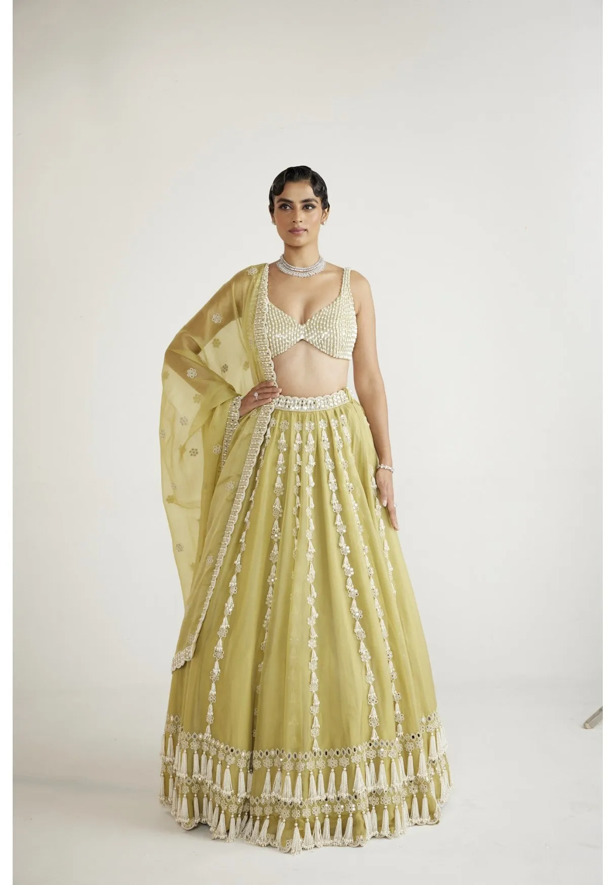 Fern Green Chandelier Pearl Drop Lehenga Set