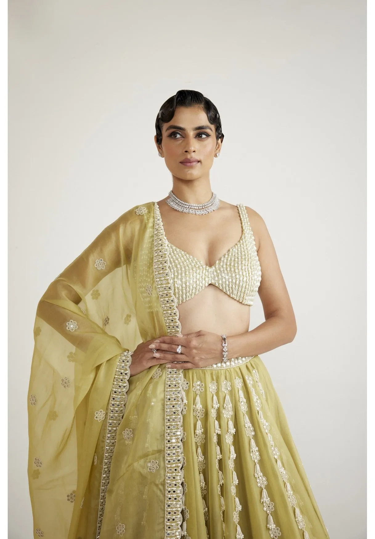 Fern Green Chandelier Pearl Drop Lehenga Set