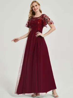 [Final Sale] Burgundy Sheer Sleeve A-Line Floor Length Sequin Formal Dress For Brides