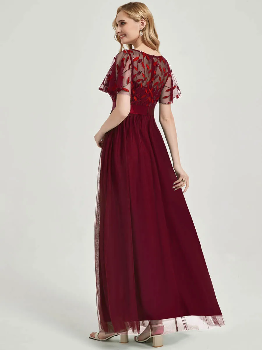 [Final Sale] Burgundy Sheer Sleeve A-Line Floor Length Sequin Formal Dress For Brides