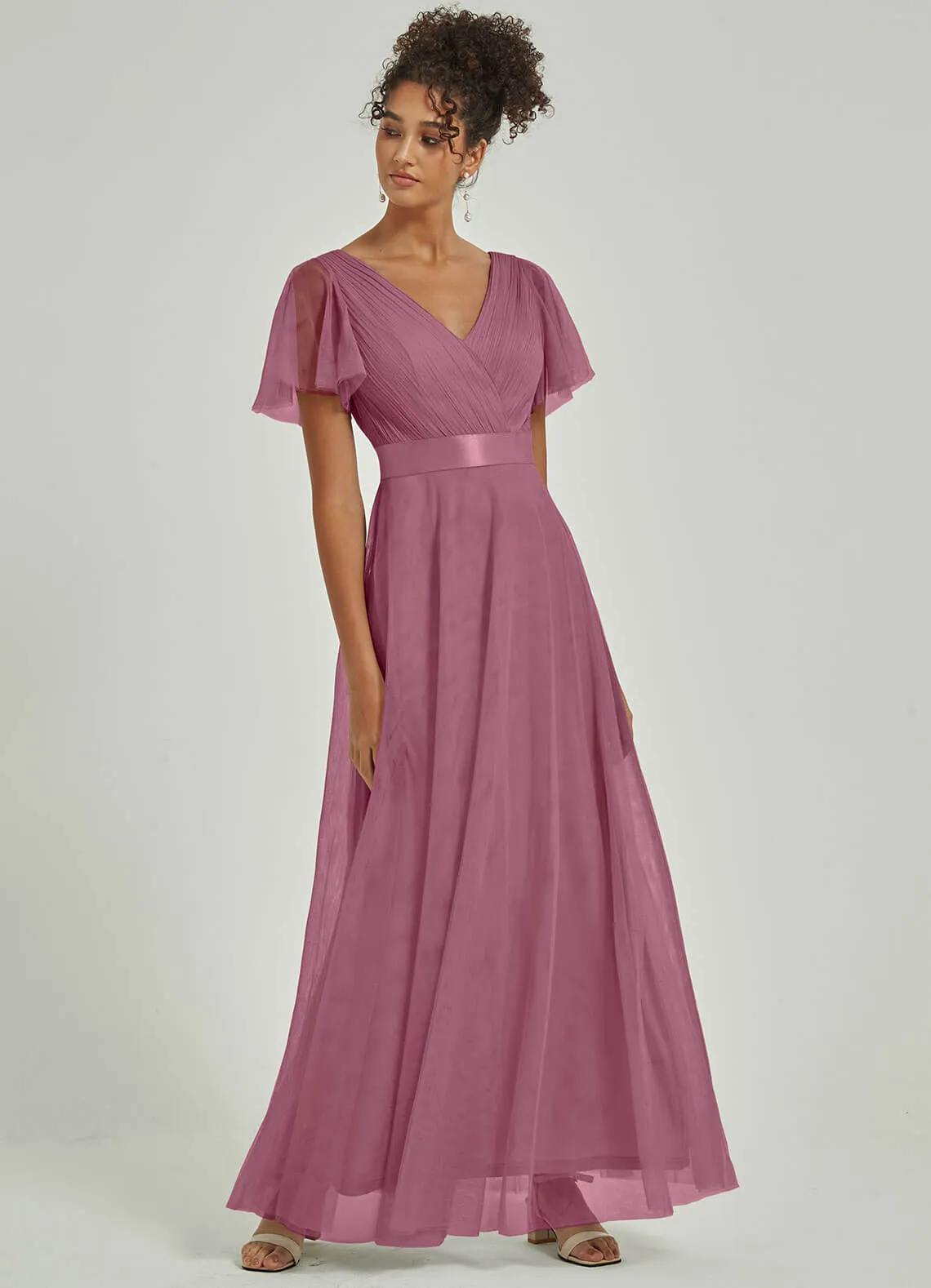 [Final Sale] Dusty Rose Tulle V-Neck Ruffle Sleeves Floor Length Bridesmaid Gown