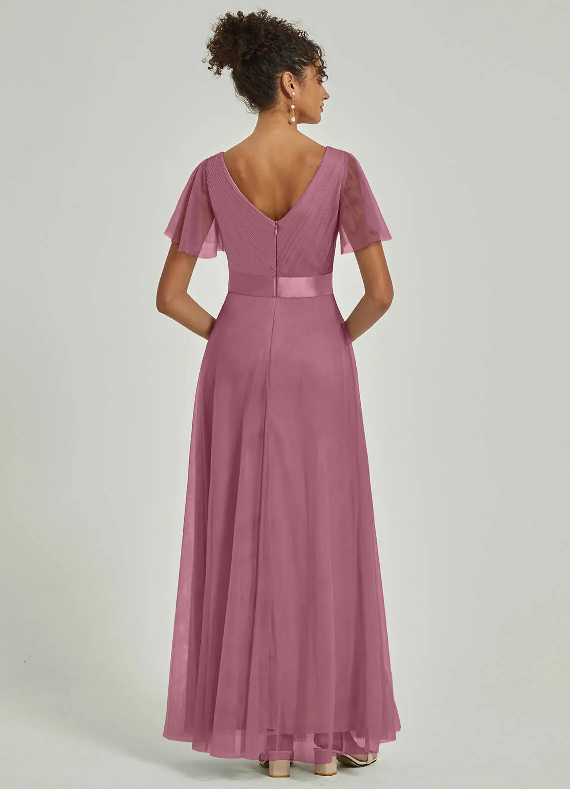 [Final Sale] Dusty Rose Tulle V-Neck Ruffle Sleeves Floor Length Bridesmaid Gown