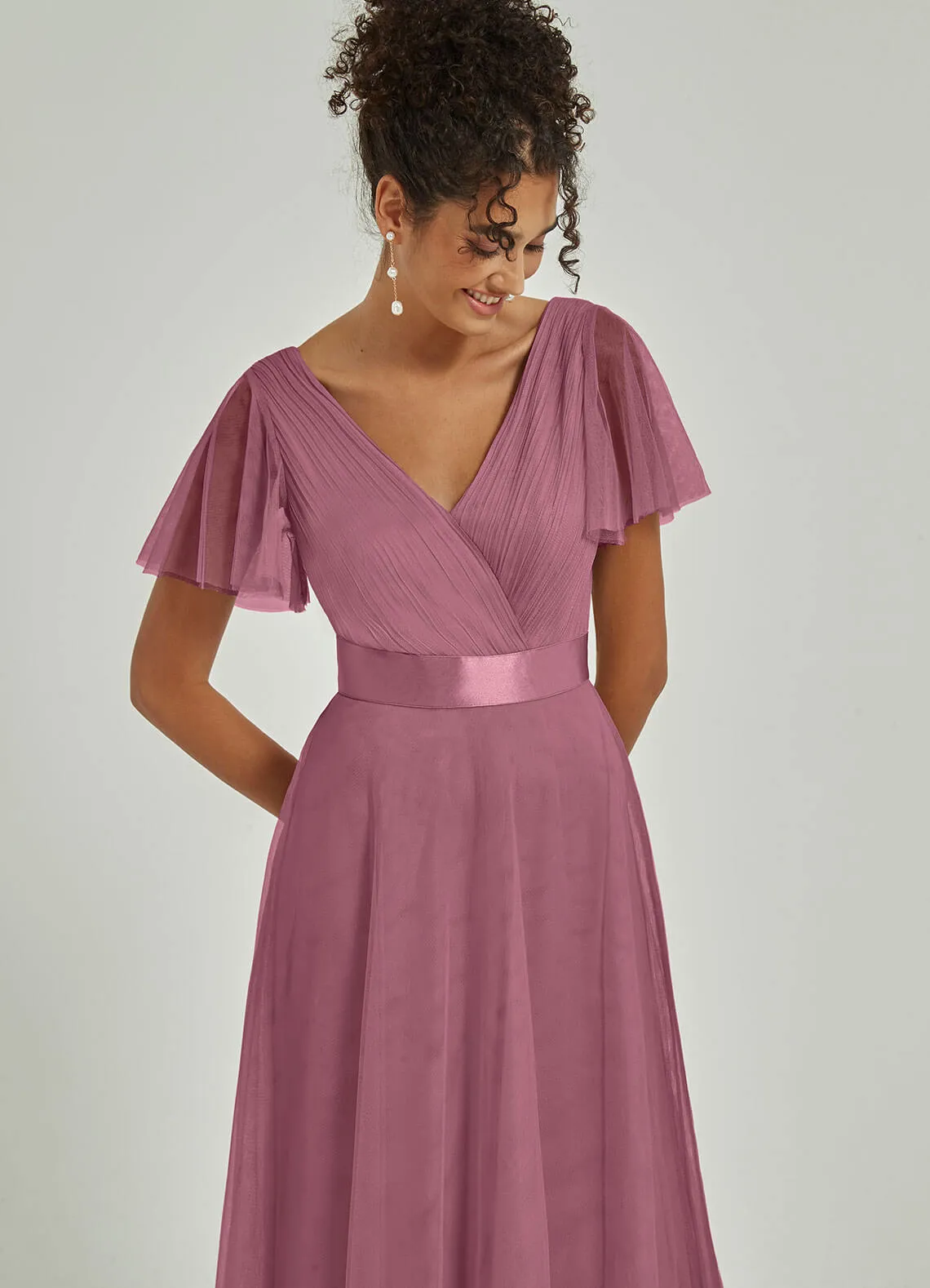 [Final Sale] Dusty Rose Tulle V-Neck Ruffle Sleeves Floor Length Bridesmaid Gown