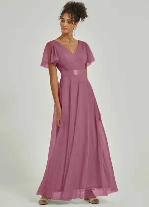 [Final Sale] Dusty Rose Tulle V-Neck Ruffle Sleeves Floor Length Bridesmaid Gown