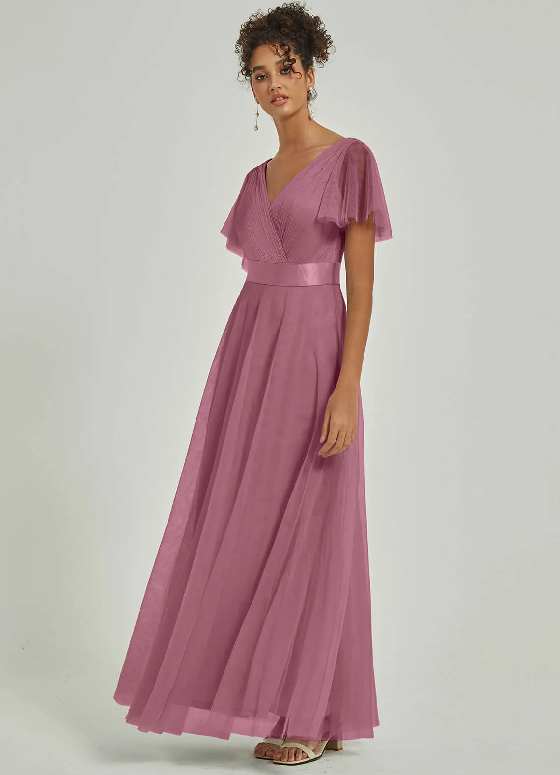 [Final Sale] Dusty Rose Tulle V-Neck Ruffle Sleeves Floor Length Bridesmaid Gown