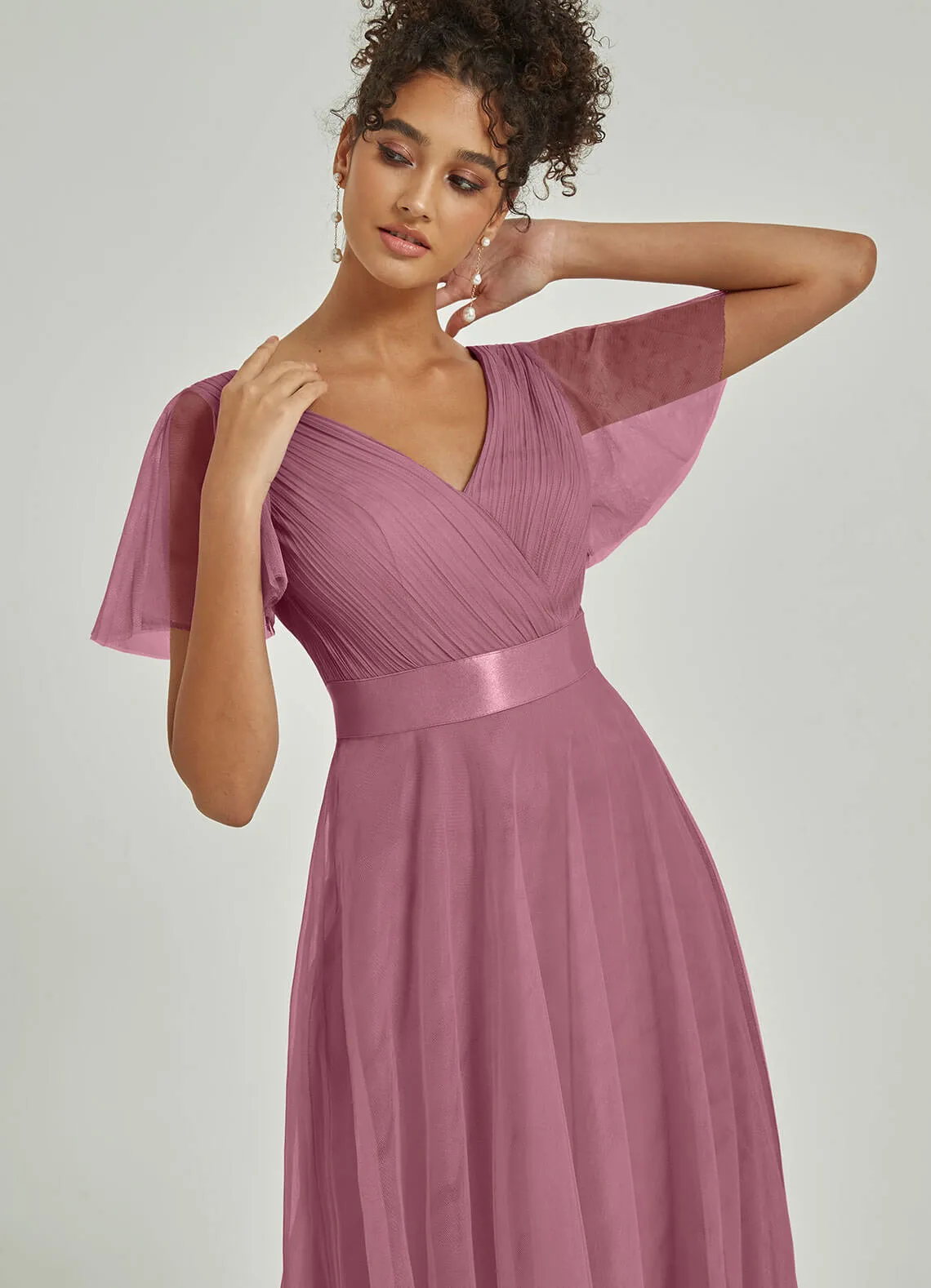 [Final Sale] Dusty Rose Tulle V-Neck Ruffle Sleeves Floor Length Bridesmaid Gown