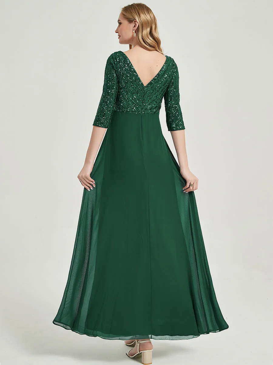 [Final Sale] Emerald Green  3/4 Sleeve V-Neck Sequin Chiffon Formal Evening Dress