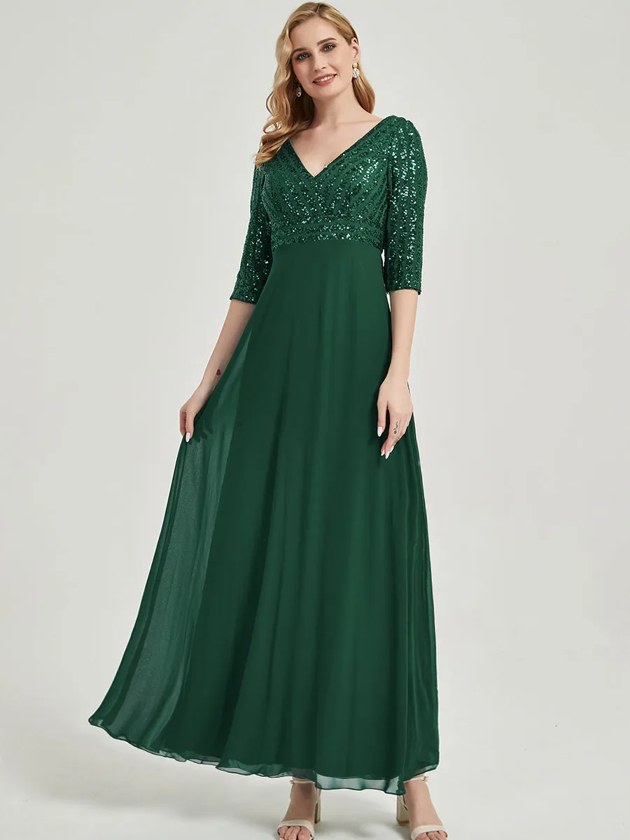 [Final Sale] Emerald Green  3/4 Sleeve V-Neck Sequin Chiffon Formal Evening Dress