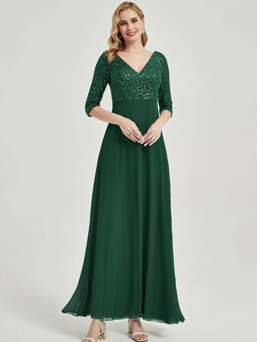 [Final Sale] Emerald Green  3/4 Sleeve V-Neck Sequin Chiffon Formal Evening Dress
