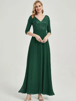 [Final Sale] Emerald Green  3/4 Sleeve V-Neck Sequin Chiffon Formal Evening Dress
