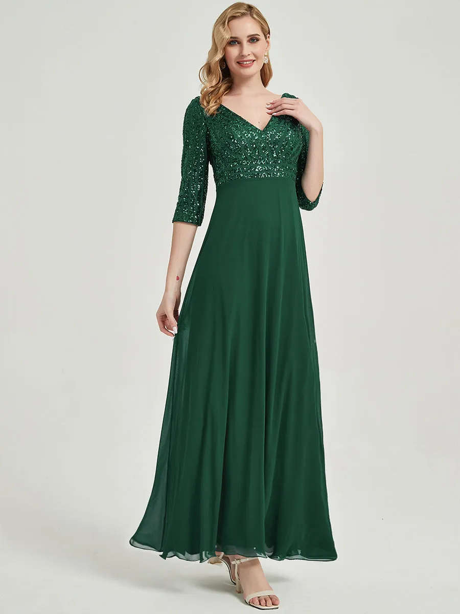 [Final Sale] Emerald Green  3/4 Sleeve V-Neck Sequin Chiffon Formal Evening Dress