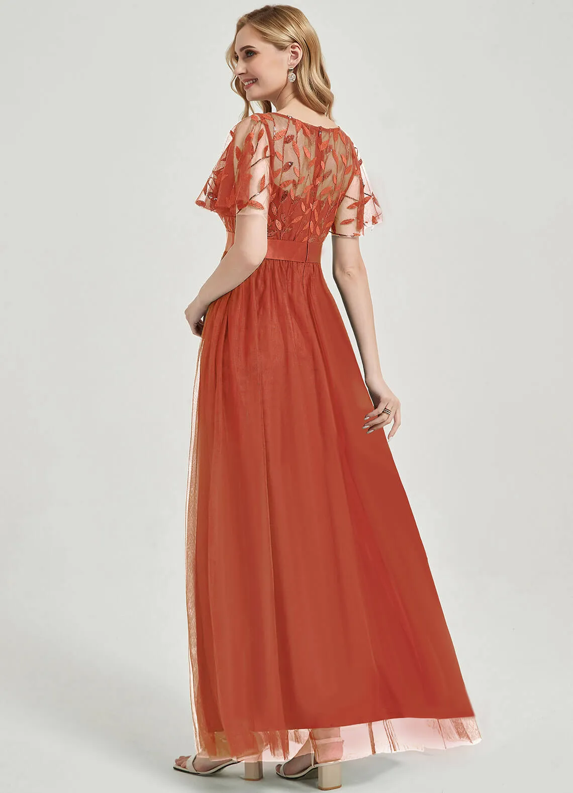 [Final Sale] Terracotta Sheer Sleeve A-Line Floor Length Sequin Formal Dress For Brides