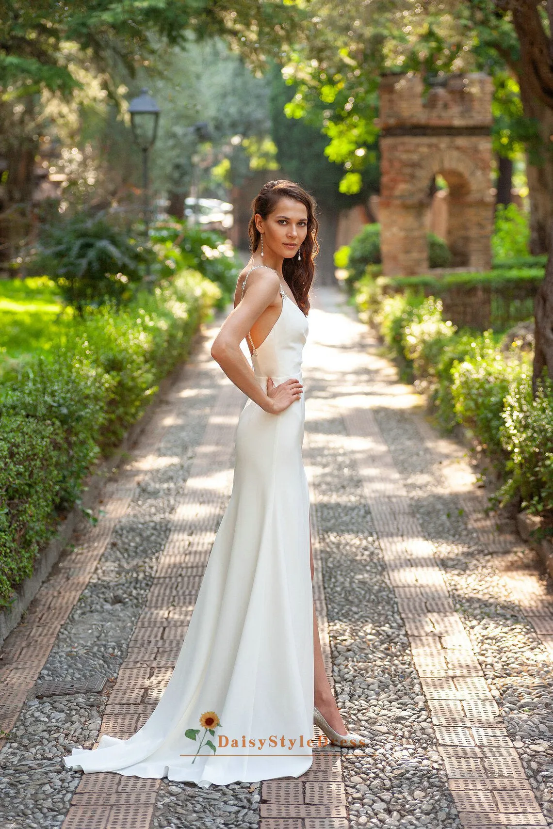 Fit and Flare Beaded Spaghetti Straps Slit Wedding Dress