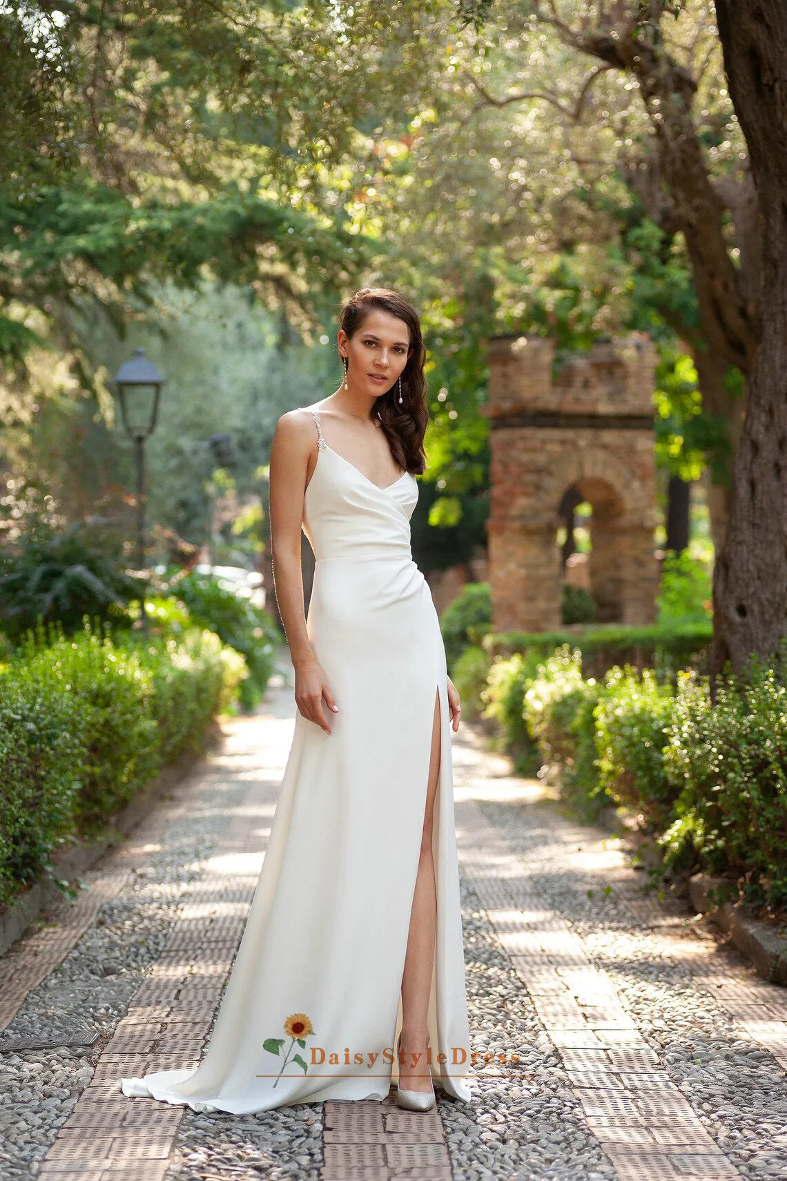 Fit and Flare Beaded Spaghetti Straps Slit Wedding Dress