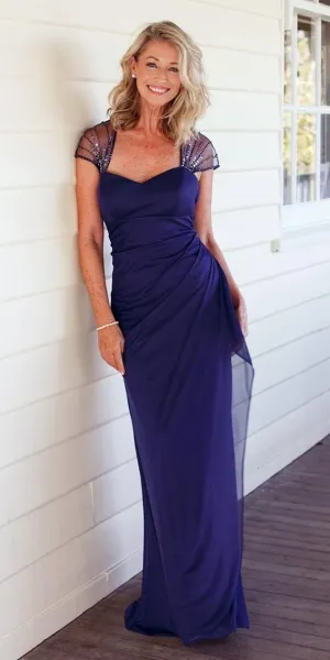 Fit and Flare Cap Sleeve Navy Blue Mother of The Bride Dress