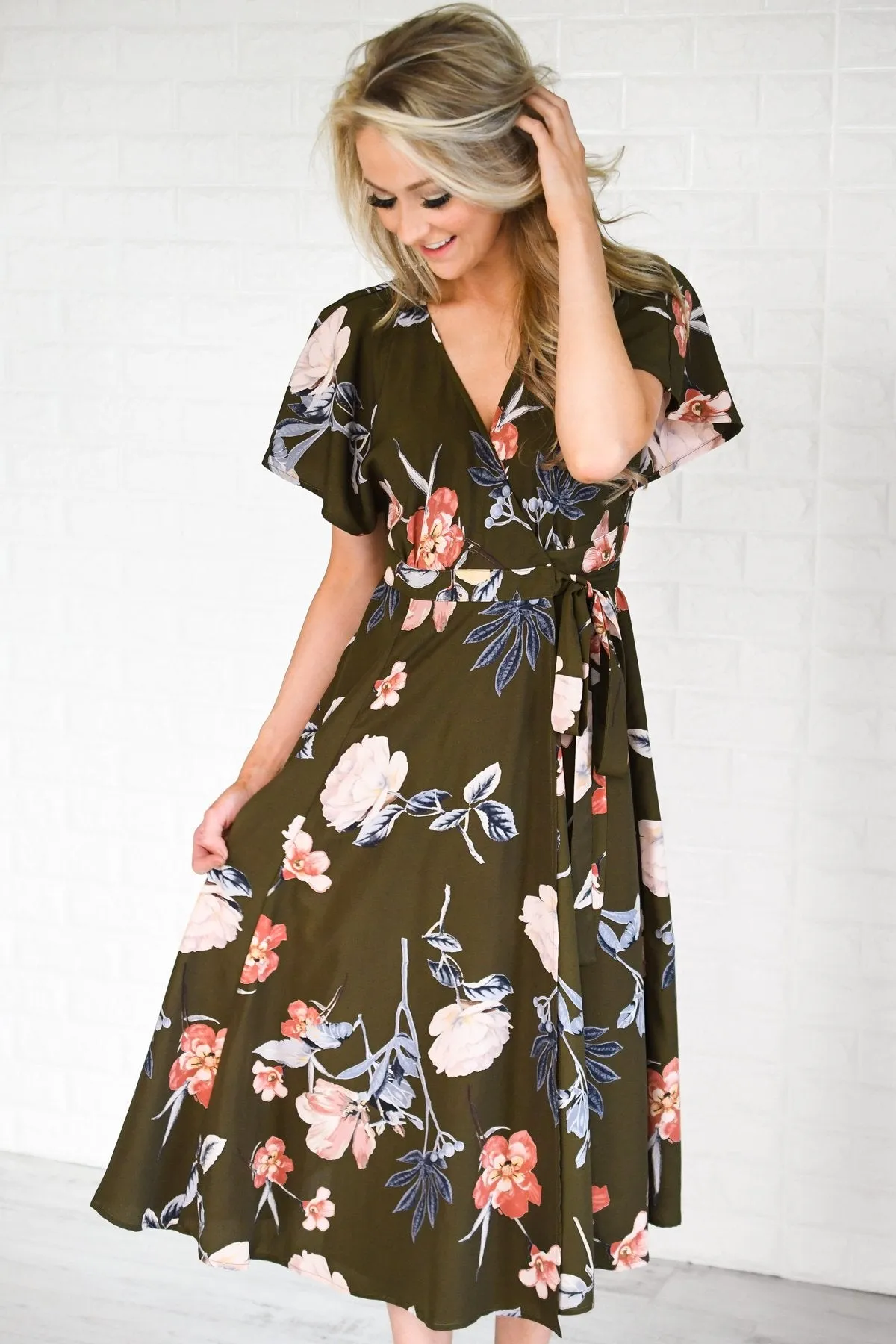 Flaunt it Babe Olive Floral Wrap Dress