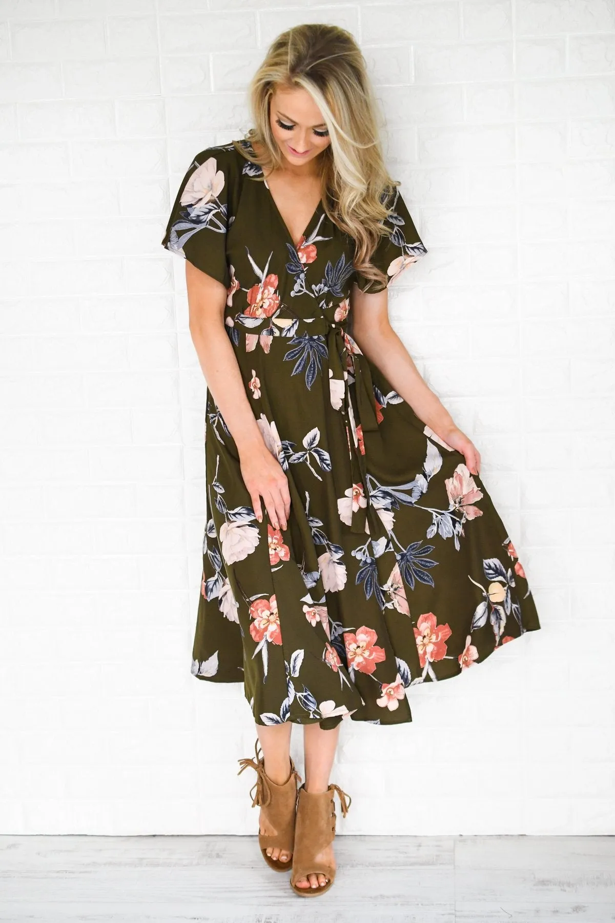Flaunt it Babe Olive Floral Wrap Dress