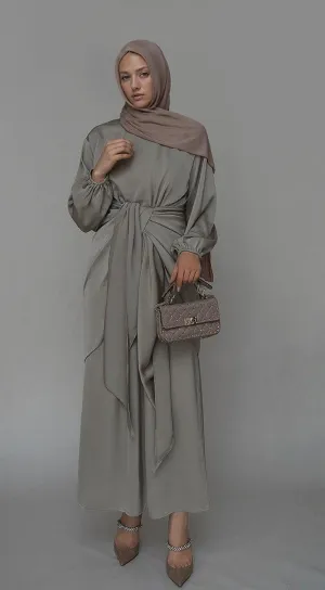Fleeur maxi abaya dress with detached apron elasticated sleeve like tie waist piece in satin gray