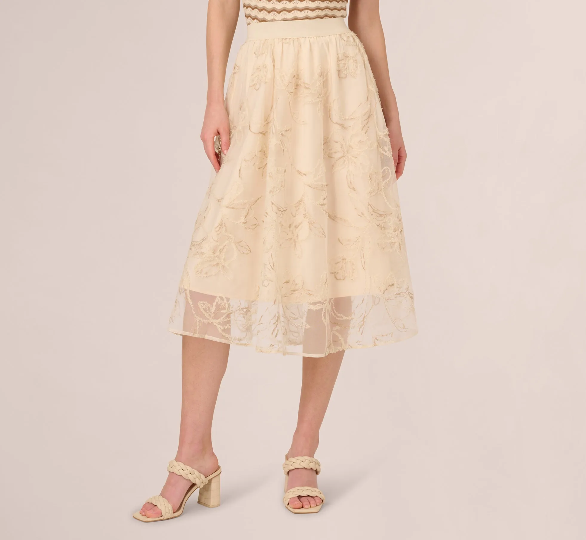 Floral Mesh Overlay A Line Midi Skirt In Ivory